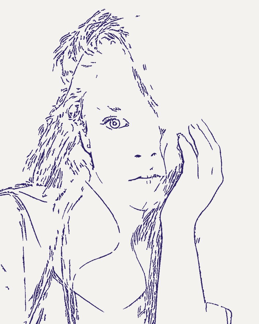 The same portrait as violet line work on stencil paper.